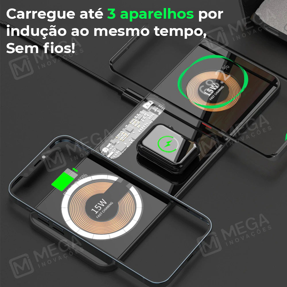 Carregador Portátil Premium 3 em 1, Carregue até 2 Smartphones ao mesmo tempo!