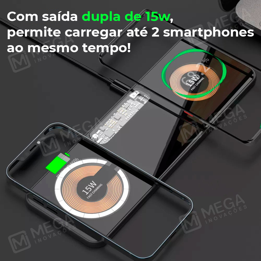 Carregador Portátil Premium 3 em 1, Carregue até 2 Smartphones ao mesmo tempo!