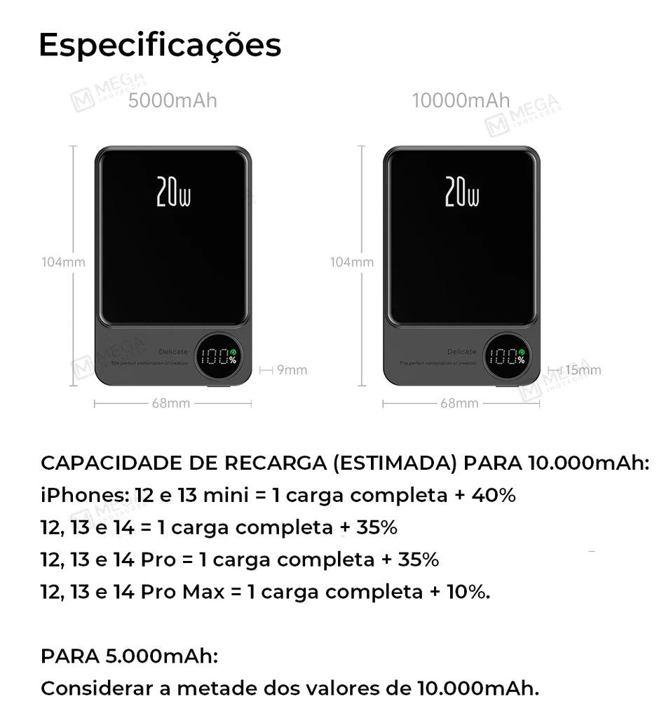 Powerbank Wireless (MagSafe) Fast Charge + Brinde (Capinha Magnética para iPhones)